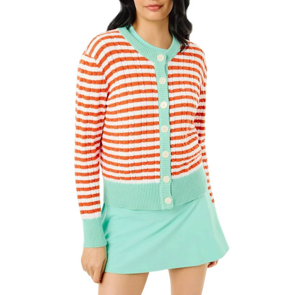 NEW ADDISON BAY cotton cable knit oxford cardigan sweater in papaya/jelly mint